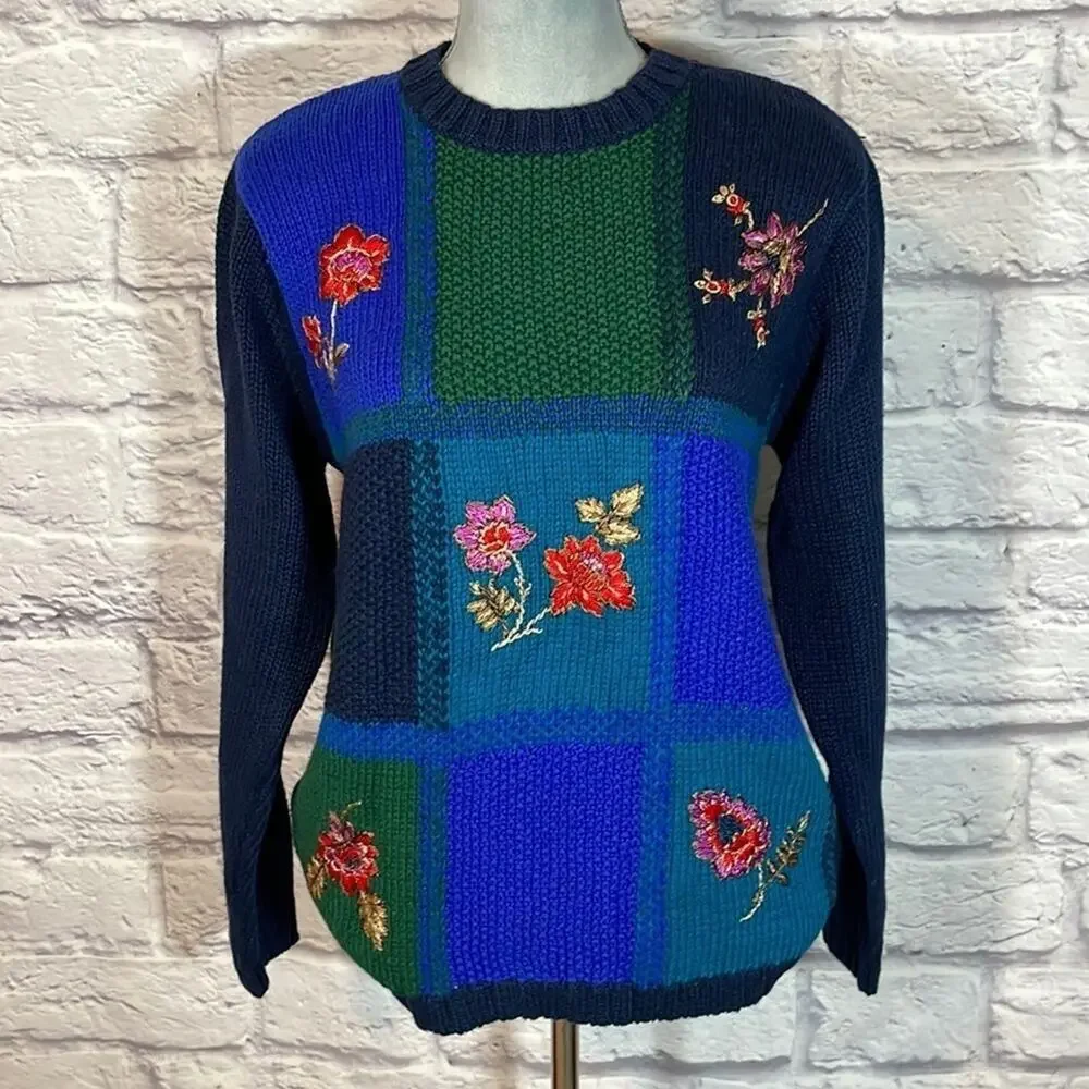 Vintage 90’s Y2K grannycore embroidered floral colorblock sweater - Picture 2 of 6